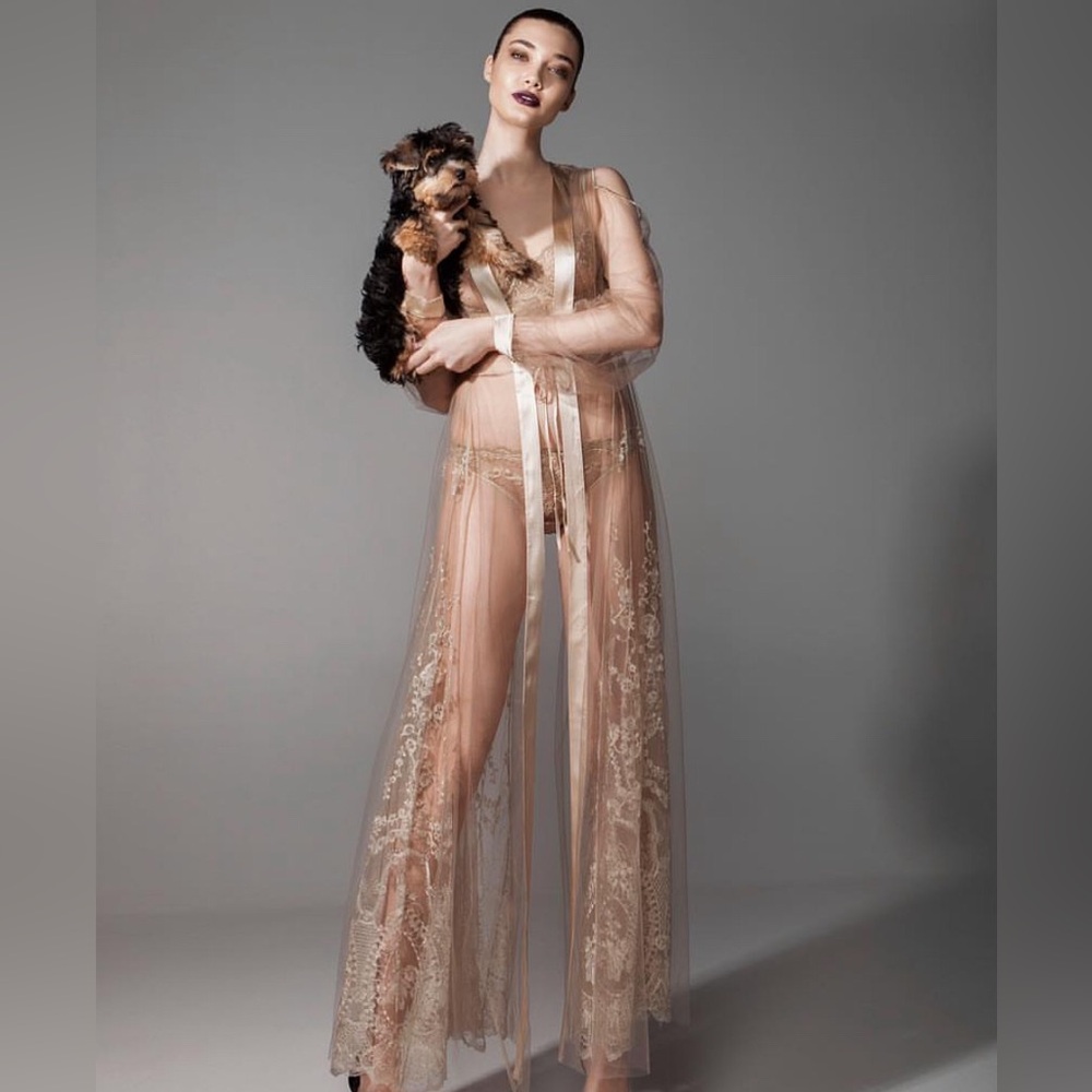 ID Sarrieri  Imperial Champagne Gold Sheer Lace Robe with silk tie NWT Size 2